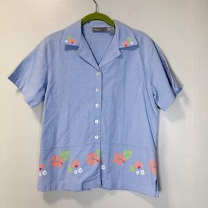 Jane Ashley Vintage Petite Blue Cotton Floral Hibiscus Button‎ Front Shirt PS